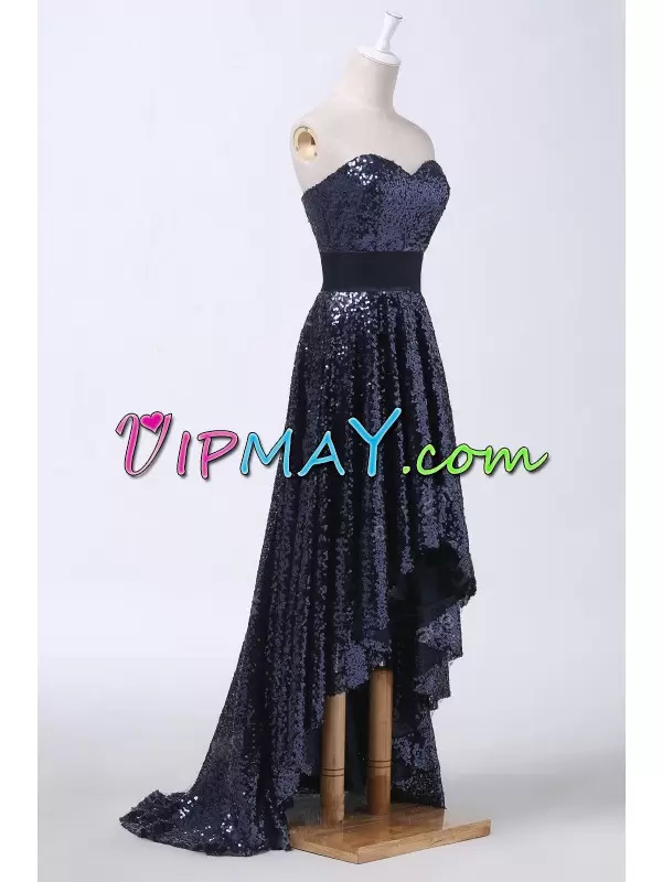 Navy Blue Sequined Lace Up Sweetheart Sleeveless High Low Sequins