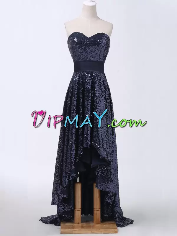 Navy Blue Sequined Lace Up Sweetheart Sleeveless High Low Sequins