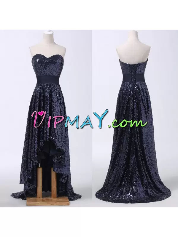 Navy Blue Sequined Lace Up Sweetheart Sleeveless High Low Sequins