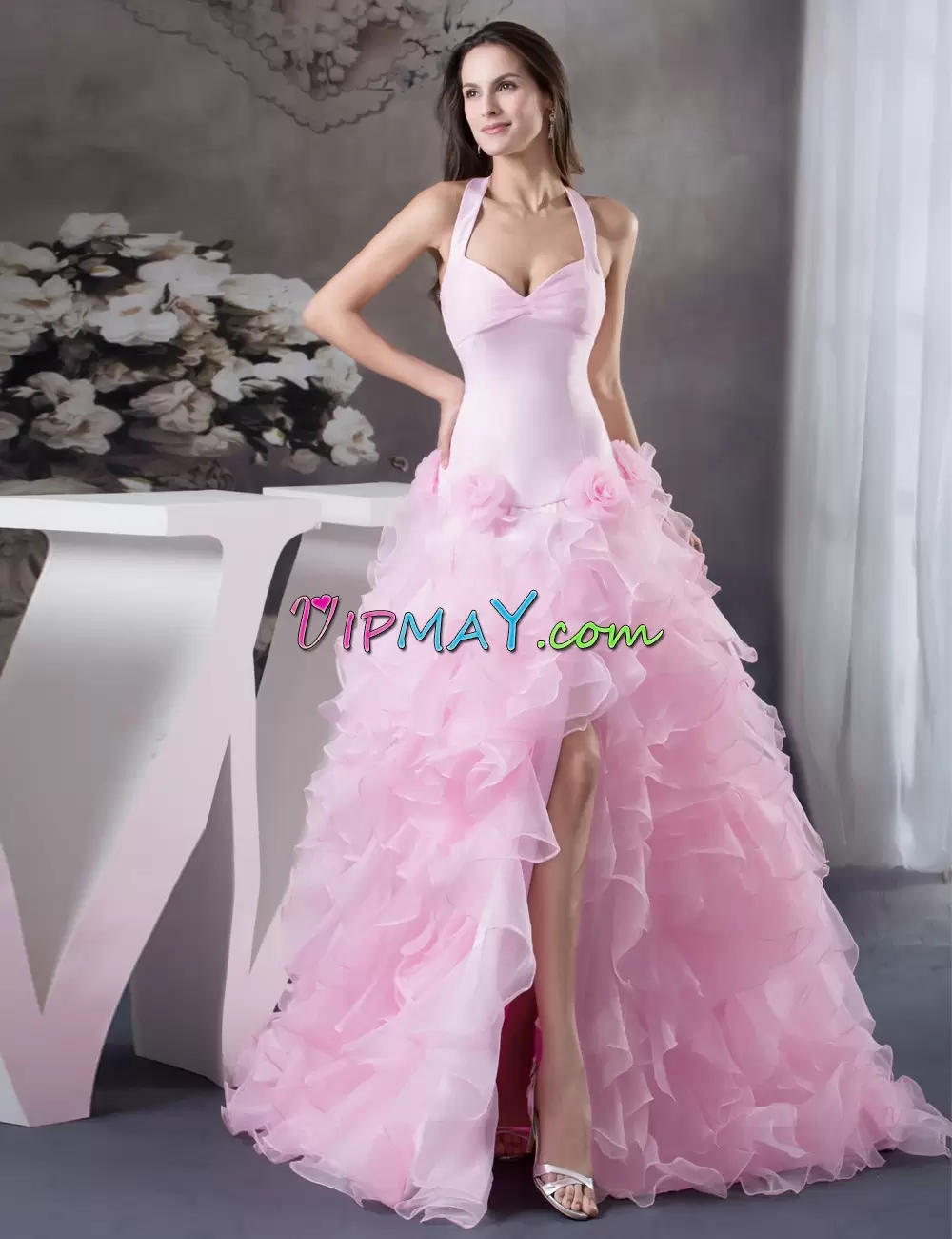 Sleeveless Organza With Train Sweep Train Lace Up Junior Homecoming Dress in Pink with Ruffles
