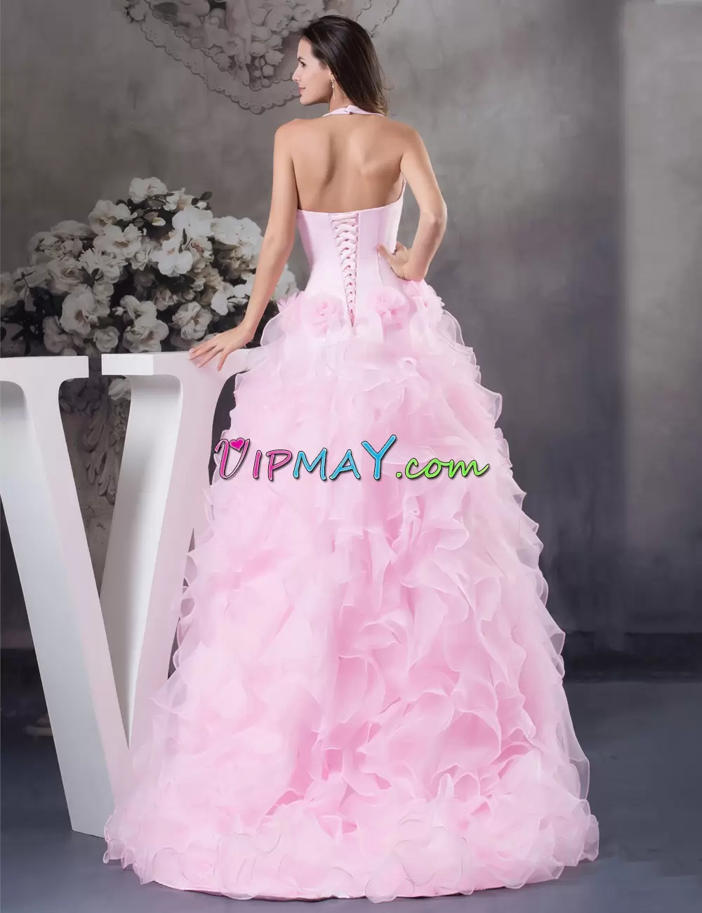 Sleeveless Organza With Train Sweep Train Lace Up Junior Homecoming Dress in Pink with Ruffles