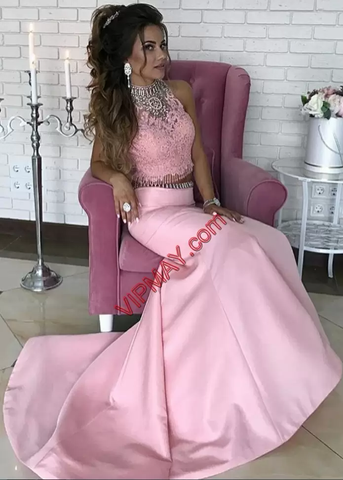 Exceptional Floor Length Lace Up Prom Dress Pink and Hot Pink for Prom and Party with Beading and Lace Brush Train