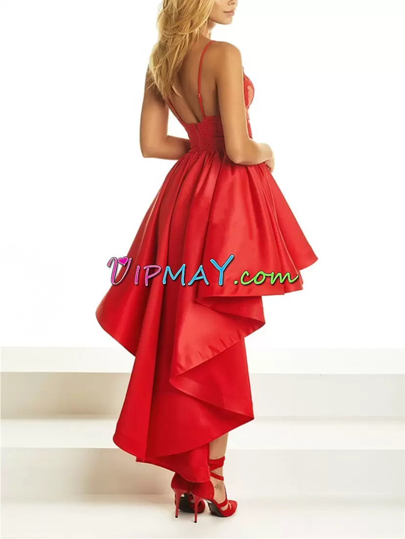 Sleeveless Satin High Low Backless Junior Homecoming Dress in Red with Lace