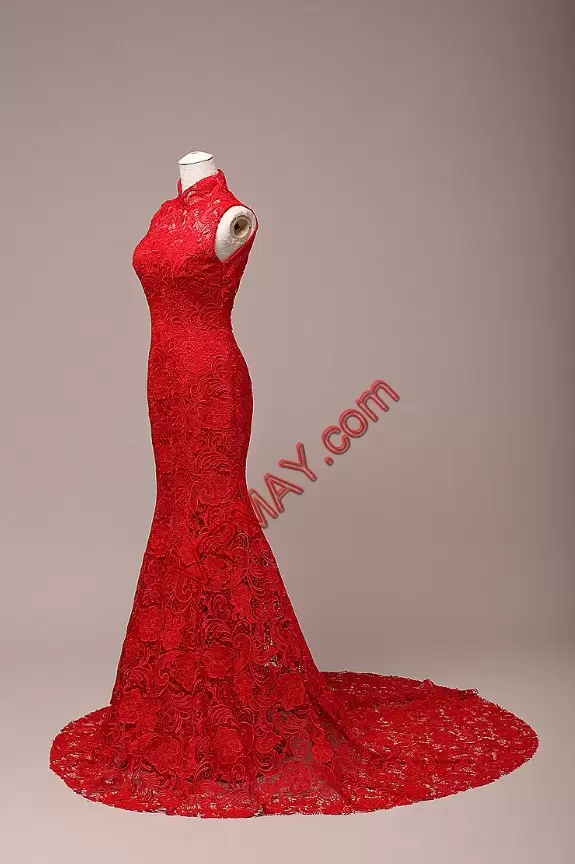 Cute Red Hoco Dress Prom and Party with Lace High-neck Sleeveless Brush Train Backless