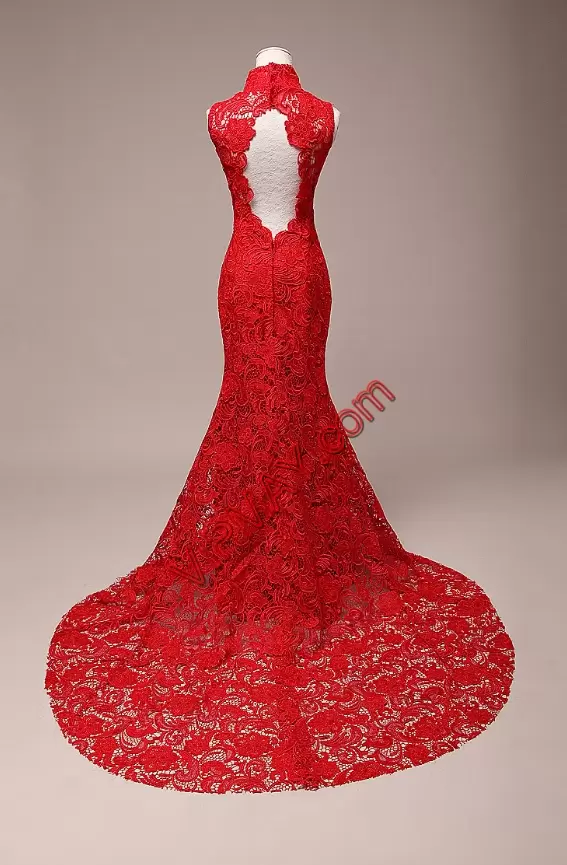 Cute Red Hoco Dress Prom and Party with Lace High-neck Sleeveless Brush Train Backless