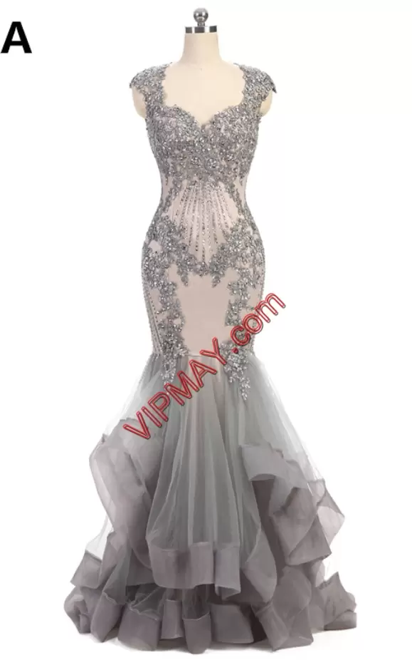 Mermaid Evening Dress Grey Sweetheart Tulle Sleeveless Floor Length Backless