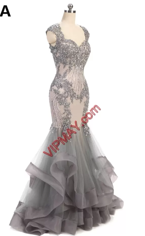 Mermaid Evening Dress Grey Sweetheart Tulle Sleeveless Floor Length Backless