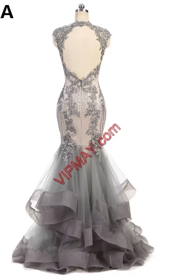 Mermaid Evening Dress Grey Sweetheart Tulle Sleeveless Floor Length Backless