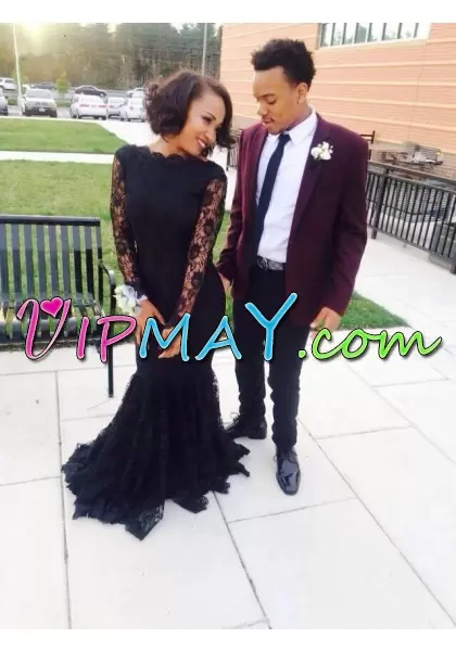 Exceptional Black Homecoming Gowns Prom and Party with Lace Bateau Long Sleeves Lace Up