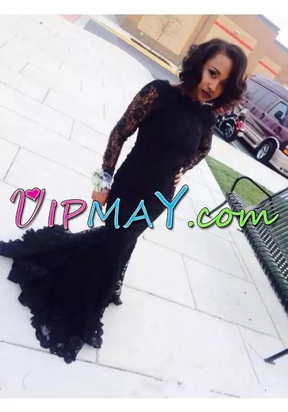 Exceptional Black Homecoming Gowns Prom and Party with Lace Bateau Long Sleeves Lace Up