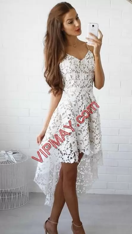 Dazzling White Empire Spaghetti Straps Sleeveless Lace High Low Lace Up Lace