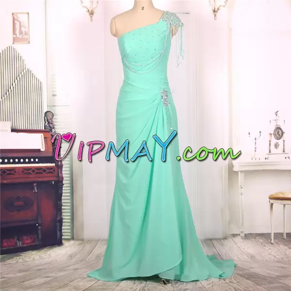 Sweep Train Mermaid Hoco Dress One Shoulder Satin and Chiffon Sleeveless Floor Length Lace Up