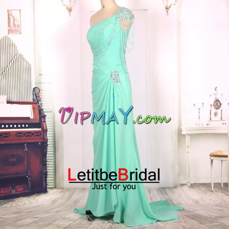 Sweep Train Mermaid Hoco Dress One Shoulder Satin and Chiffon Sleeveless Floor Length Lace Up