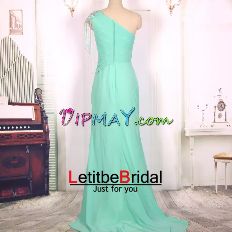 Sweep Train Mermaid Hoco Dress One Shoulder Satin and Chiffon Sleeveless Floor Length Lace Up