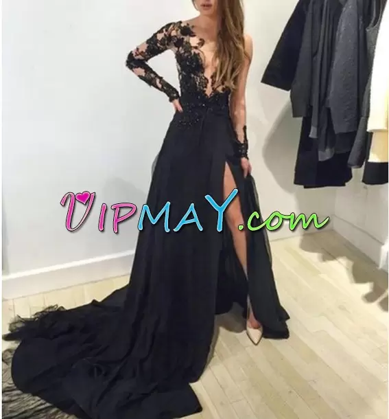 Chiffon Long Sleeves Brush Train Lace Prom Dress in Black