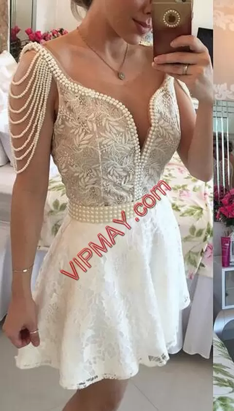 Stylish White Backless Homecoming Dress Beading Sleeveless Mini Length