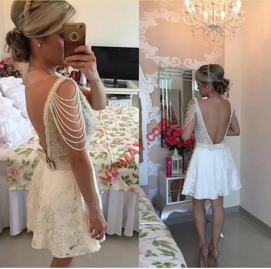 Stylish White Backless Homecoming Dress Beading Sleeveless Mini Length