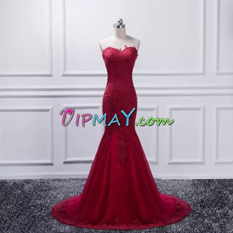 Burgundy Prom Dresses Prom and Party with Lace and Appliques Sweetheart Sleeveless Sweep Train Lace Up