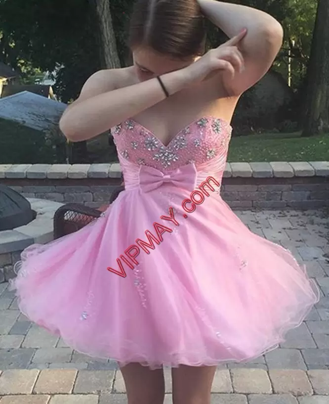Beading Rose Pink Lace Up Sleeveless Mini Length Prom Dress Under 100