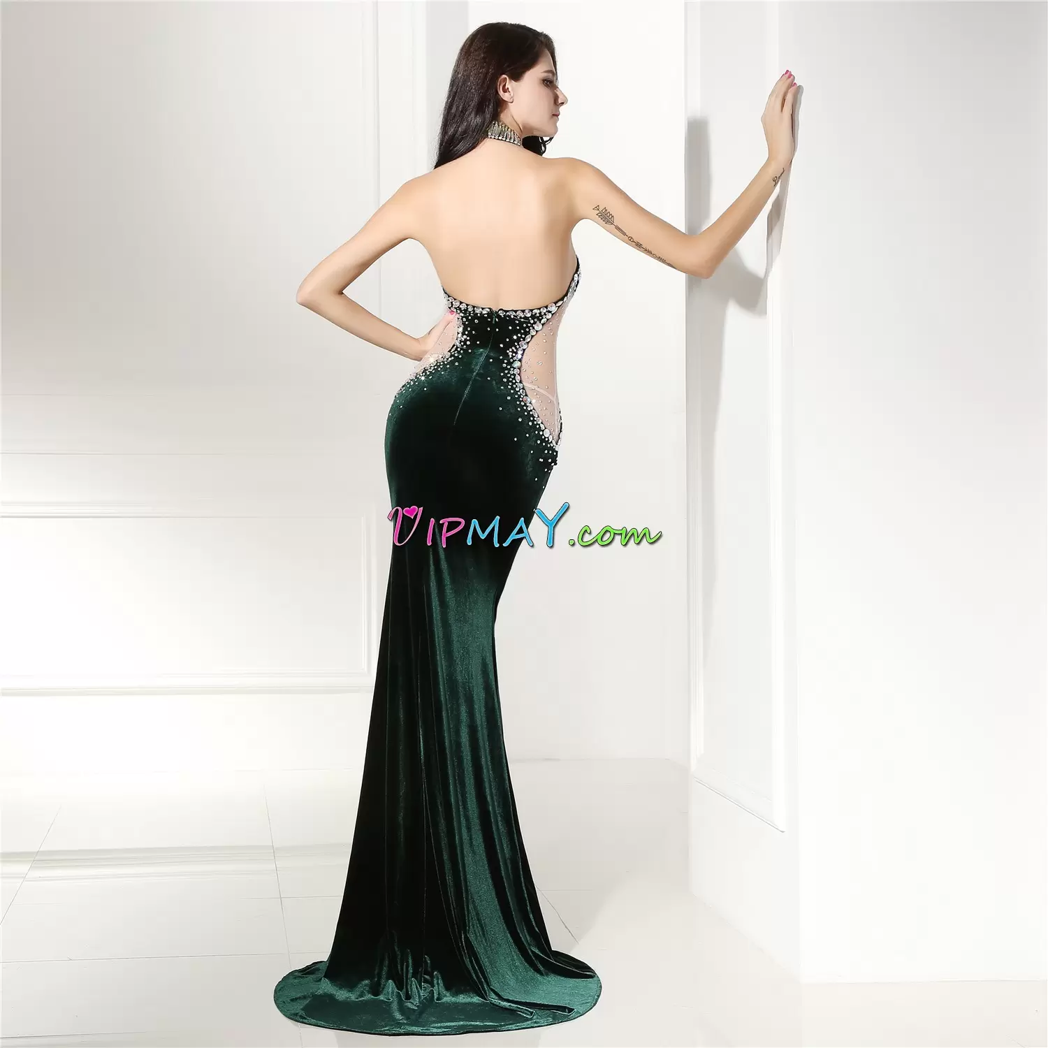 Inexpensive Green Mermaid Elastic Woven Satin Halter Top Sleeveless Beading Backless Prom Evening Gown Brush Train