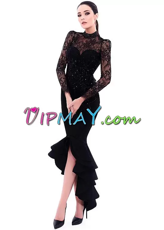 Attractive High-neck Long Sleeves Satin Beading and Lace Backless