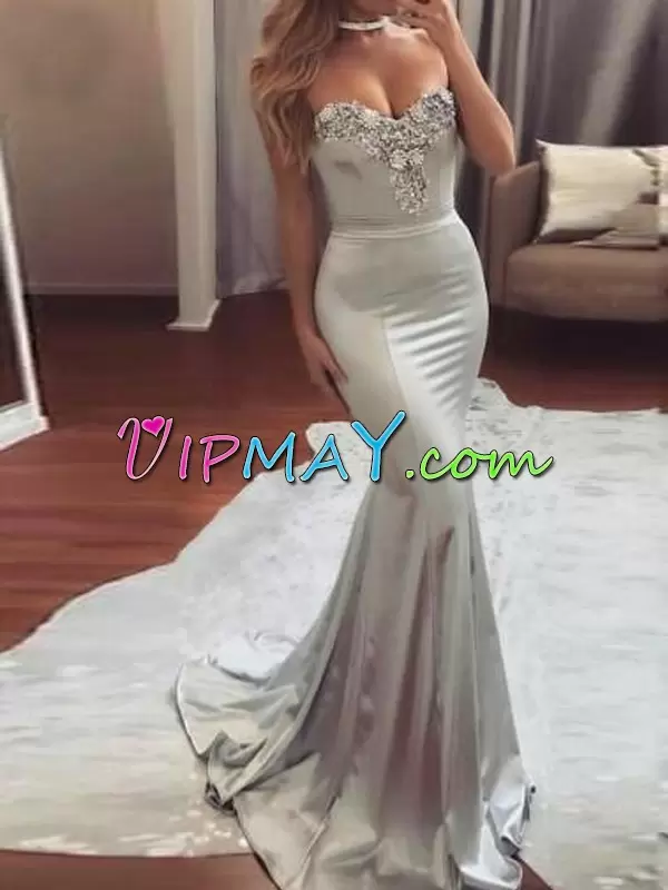 Floor Length Silver Junior Homecoming Dress Sweetheart Sleeveless Brush Train Zipper