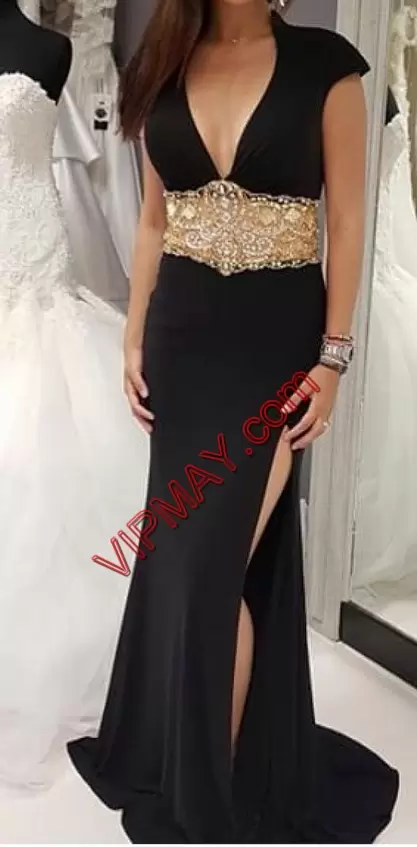 Perfect Black Chiffon Backless Prom Evening Gown Sleeveless Sweep Train Beading