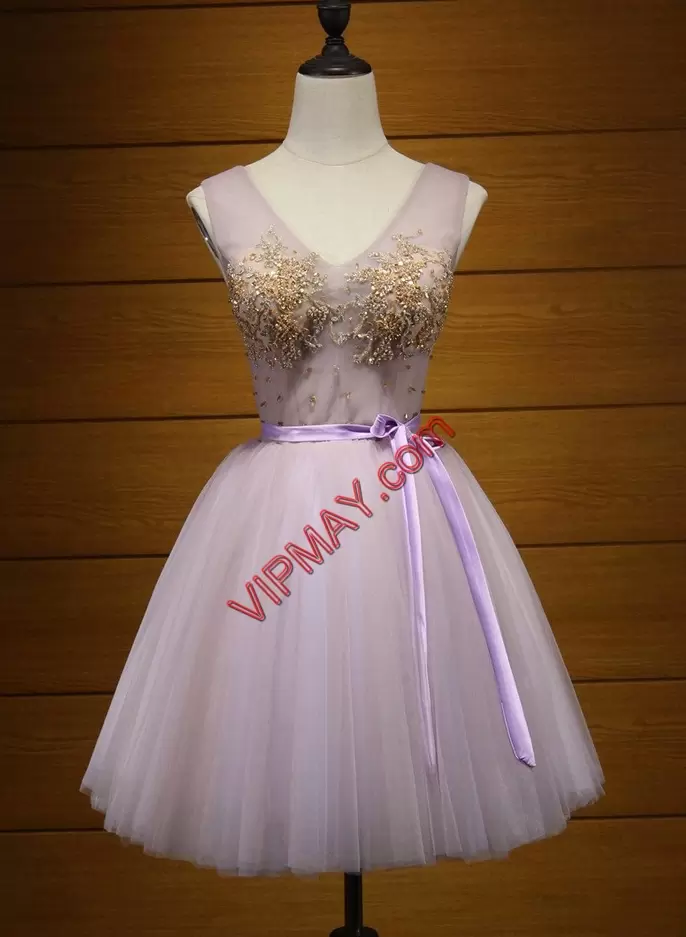 Mini Length Lace Up Prom Party Dress Lavender for Prom and Party and Military Ball with Beading