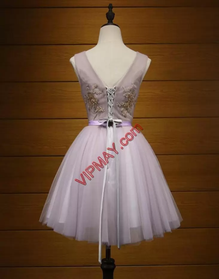 Mini Length Lace Up Prom Party Dress Lavender for Prom and Party and Military Ball with Beading