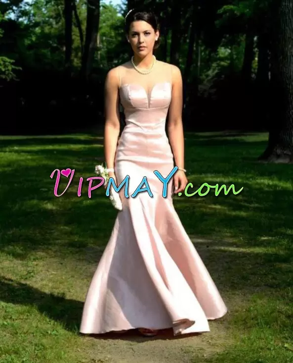 Flare Pink Mermaid Ruching Hoco Dress Zipper Satin Sleeveless Floor Length