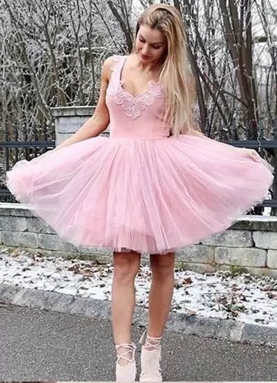 Pink V-neck Appliques Prom Homecoming Dress Tulle Sleeveless
