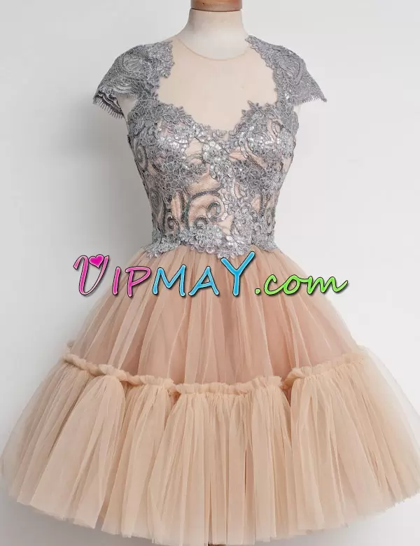 Sophisticated Champagne Cap Sleeves Mini Length Lace Zipper Homecoming Dress Online Scoop