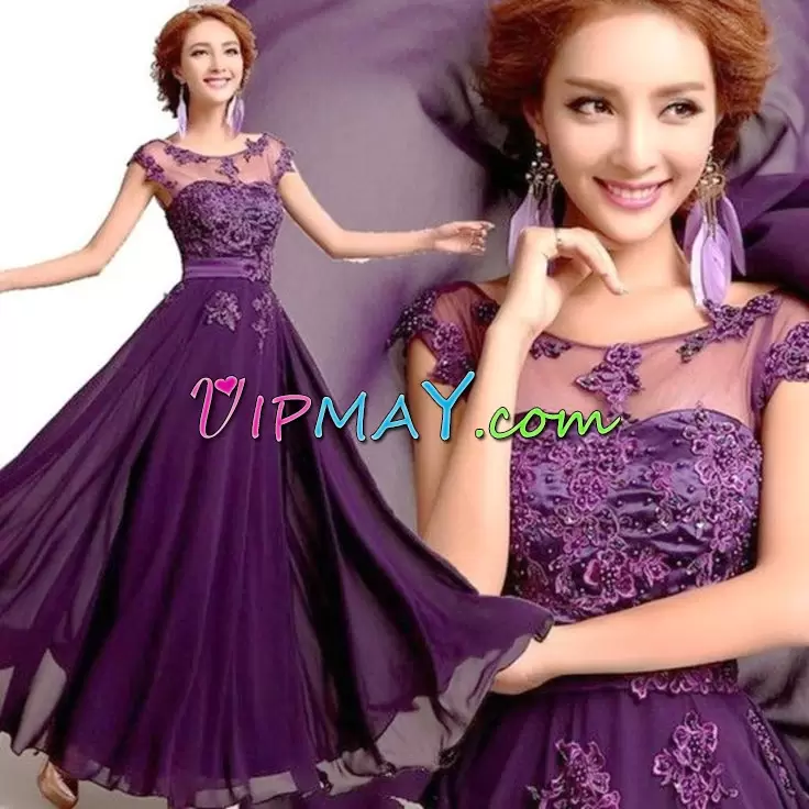 Top Selling Purple Cap Sleeves Beading and Embroidery Floor Length Homecoming Dress