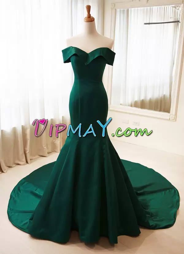 Dark Green Homecoming Gowns Prom with Ruching Off The Shoulder Sleeveless Court Train