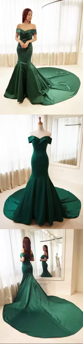 Dark Green Homecoming Gowns Prom with Ruching Off The Shoulder Sleeveless Court Train