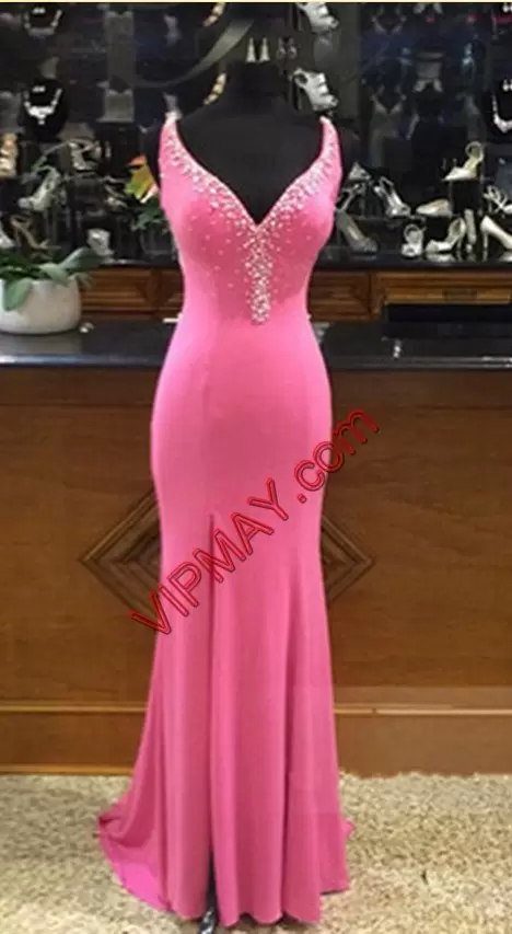 Pink Sleeveless Chiffon Sweep Train Zipper Homecoming Dress for Prom and Party