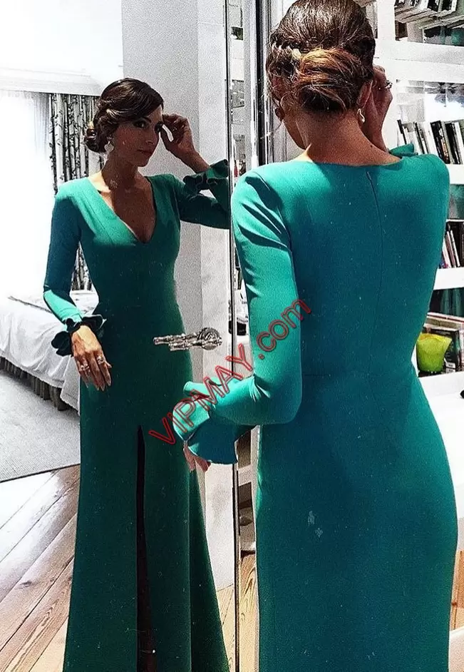 Turquoise Prom and Party with Ruching V-neck Long Sleeves Zipper