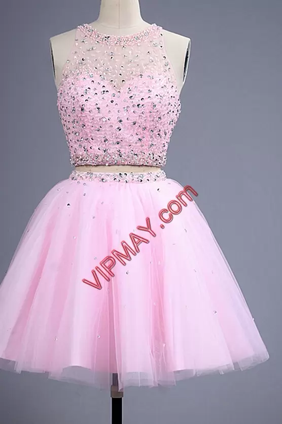 Nice Illusion Neckline Two Piece Scoop Tulle Short Prom Dress with Beading