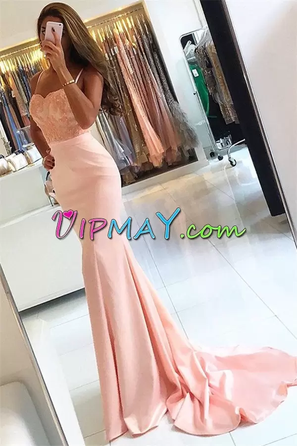 Lovely Pink Zipper Spaghetti Straps Lace Homecoming Dresses Satin Sleeveless Sweep Train