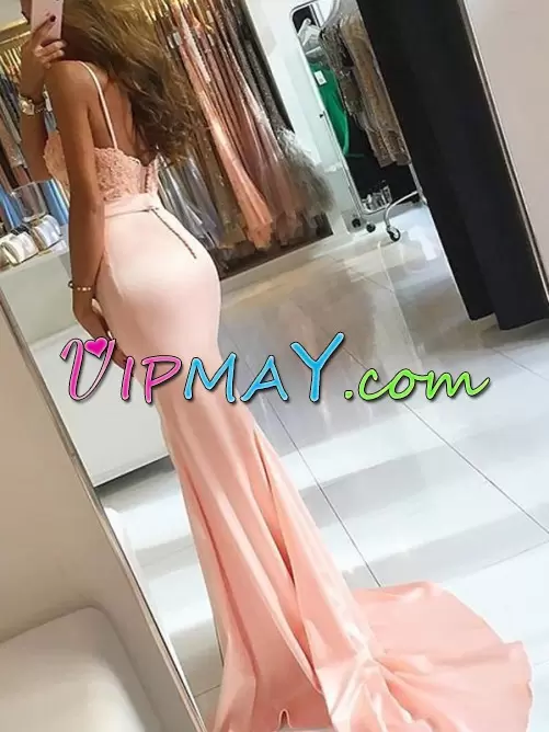 Lovely Pink Zipper Spaghetti Straps Lace Homecoming Dresses Satin Sleeveless Sweep Train