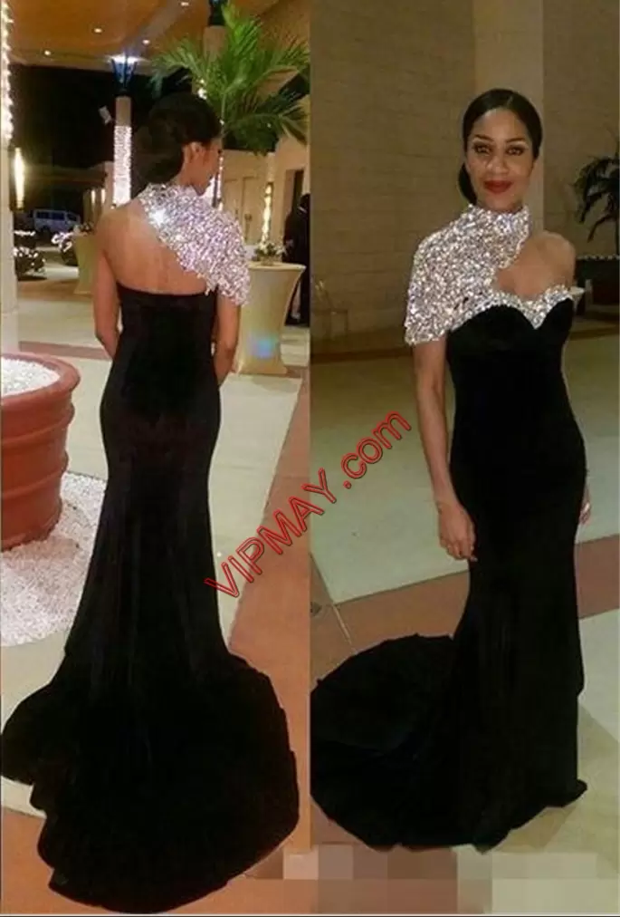 Top Selling Sleeveless High-neck Brush Train Backless Beading and Sequins Dress for Prom High-neck