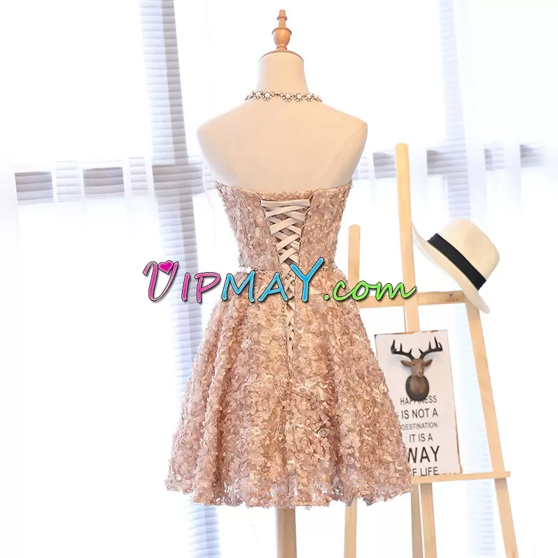 Luxurious Sleeveless Mini Length Beading Lace Up Prom Gown with Champagne