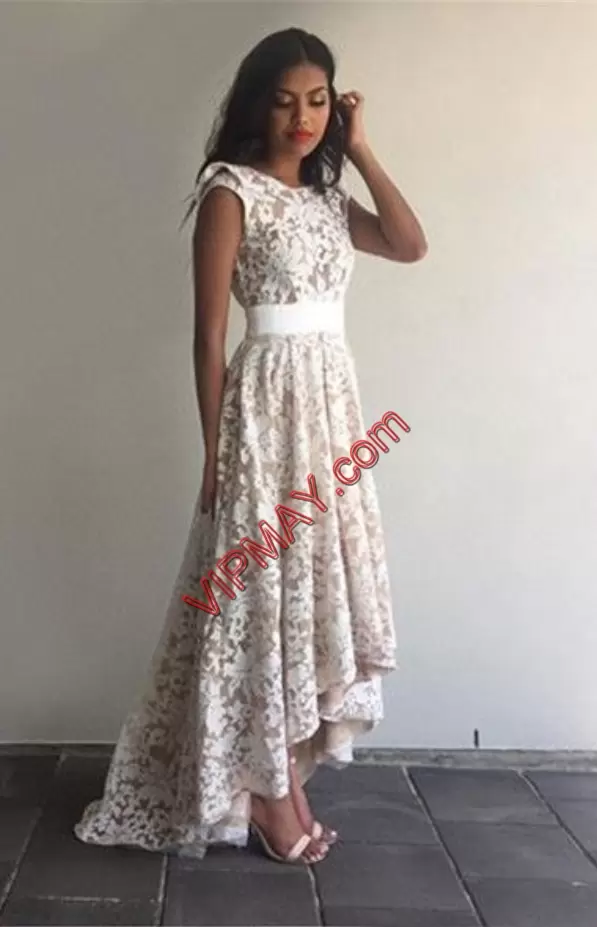 Traditional White A-line Scoop Cap Sleeves Lace High Low Evening Dress