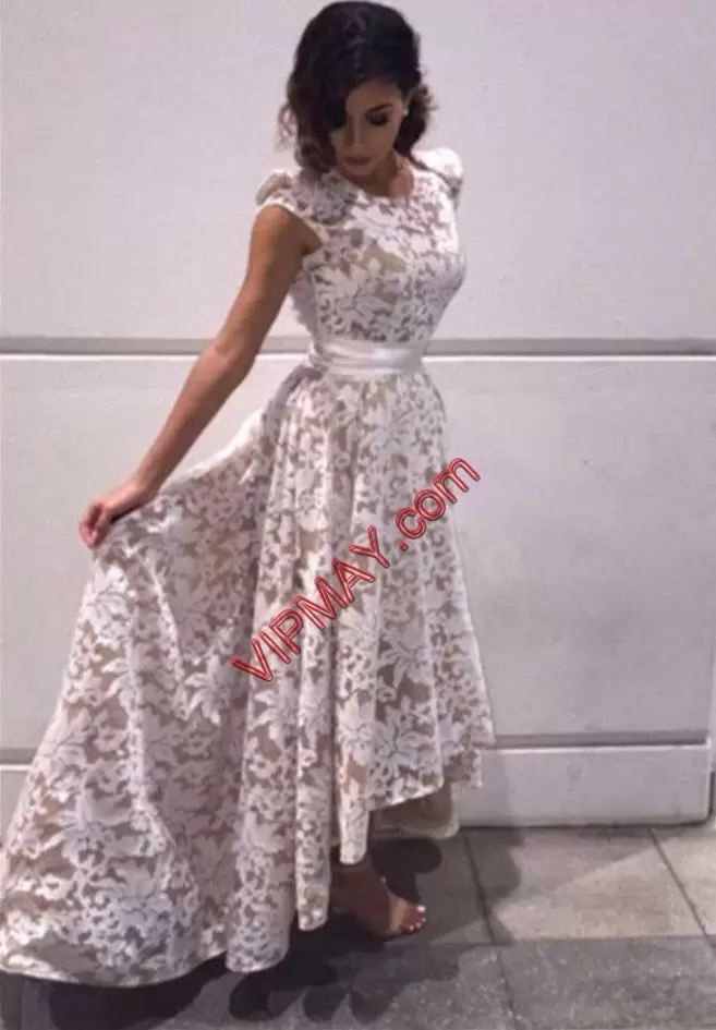 Traditional White A-line Scoop Cap Sleeves Lace High Low Evening Dress