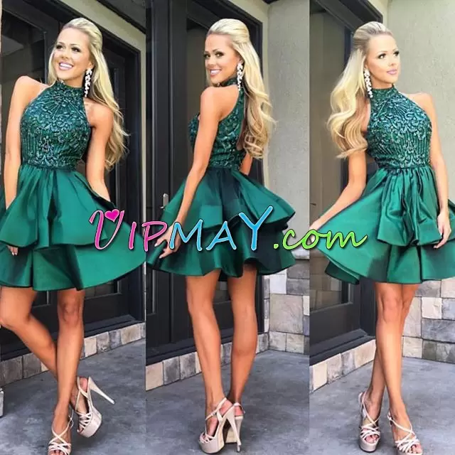 Green Sleeveless Satin Evening Dress for Prom and Party and Military Ball