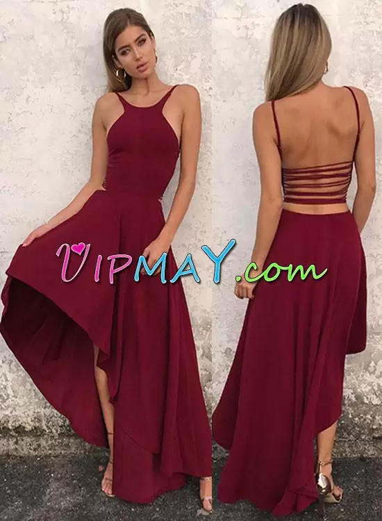 Free and Easy High Low Backless Hoco Dress Burgundy for Prom and Party and Military Ball with Ruching