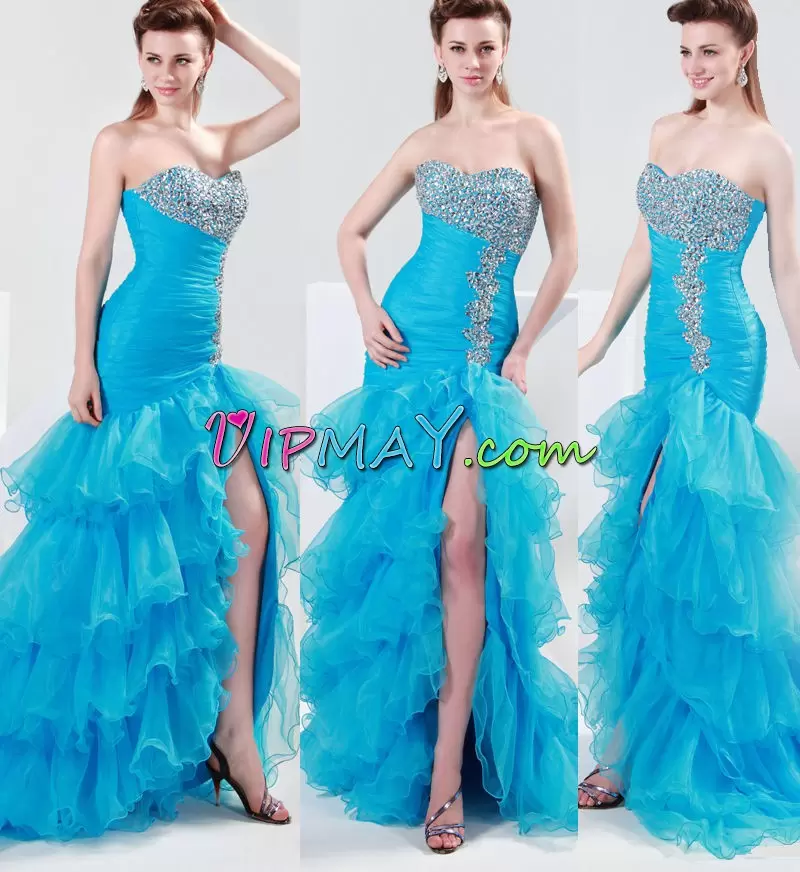 Elegant Blue Sleeveless Floor Length Beading and Lace Lace Up Prom Gown Strapless