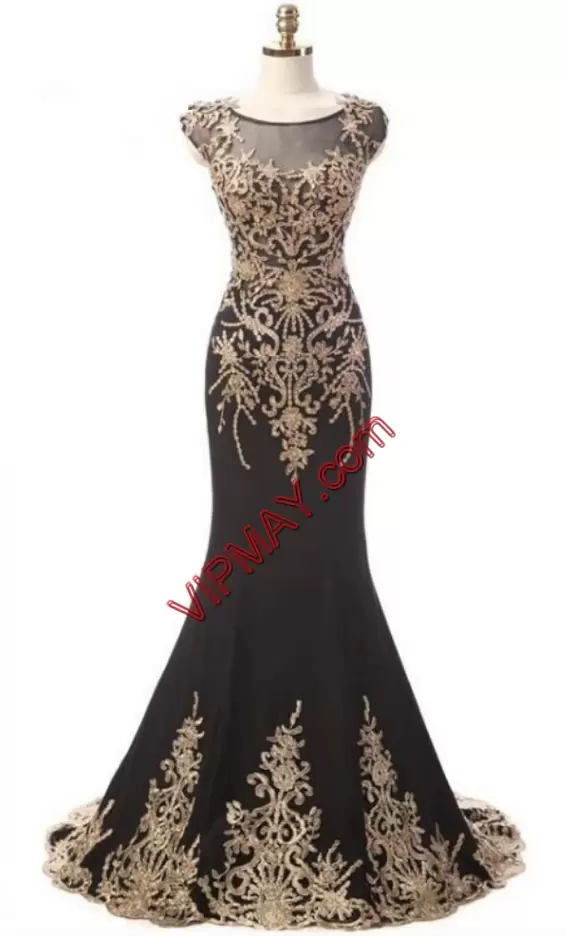 Black Lace Up Prom Dresses Appliques Sleeveless Sweep Train