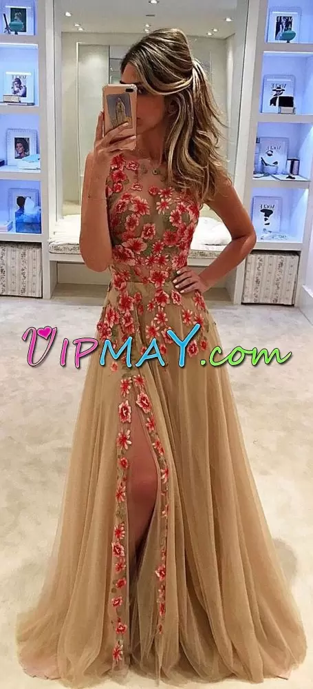 High Class Champagne Sleeveless Tulle Sweep Train Lace Up Evening Dress for Prom and Party