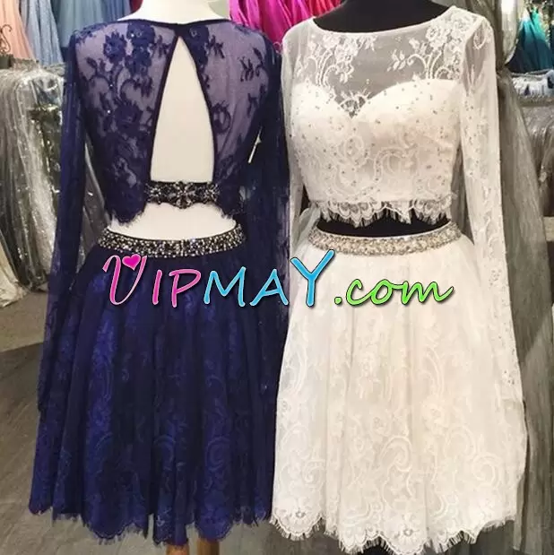 Exquisite White Long Sleeves Mini Length Beading and Lace Backless Hoco Dress Scoop